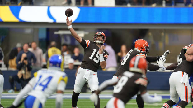 Dec 3, 2023; Inglewood, California, USA; Cleveland Browns quarterback Joe Flacco (15) throws the ball against the Los Angeles Rams at SoFi Stadium. Mandatory Credit: Kirby Lee-USA TODAY Sports